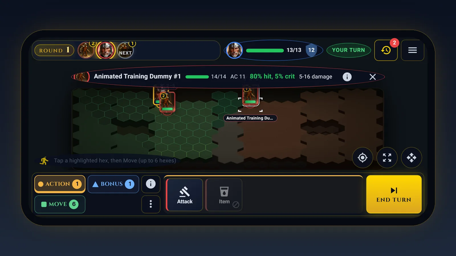 A Lourdin RPG battle on a phone held sideways: the turn order and the hero's health along the top, the hex board in the middle and the action dock along the bottom