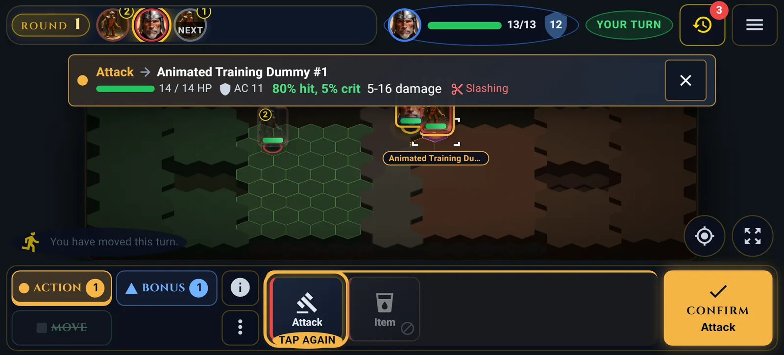 Aiming an attack on a phone: the strip names the target, its health, its Armor Class, an 80 percent chance to hit and 5 to 16 slashing damage, and the big button reads Confirm Attack