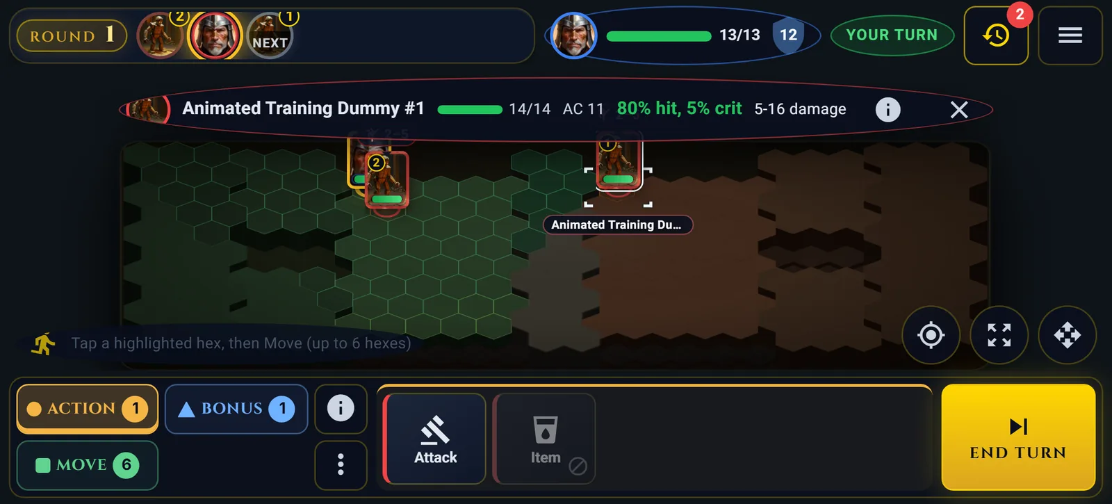 A battle on a phone held sideways: the turn order, the hero's health and Your Turn across the top, the hex board with a selected training dummy, and the action dock with Attack, Item and End Turn