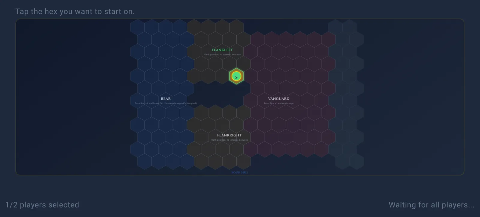 The formation picker on a phone, full screen with only your side of the board: the Rear, Flank Left, Flank Right and Vanguard zones, with your marker on a Flank Left hex