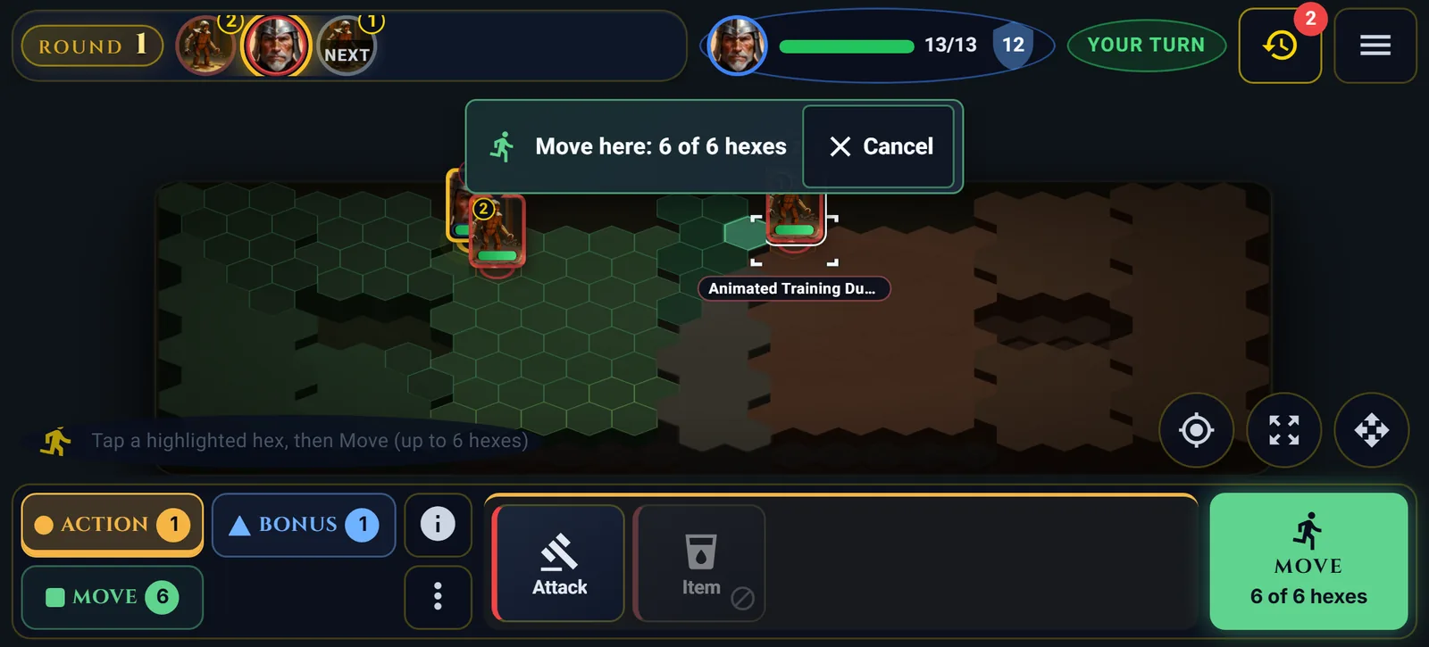 Confirming a move on a phone: the bar reads Move here: 6 of 6 hexes with a Cancel button, the chosen hex is lit next to the enemy, and the big button reads Move