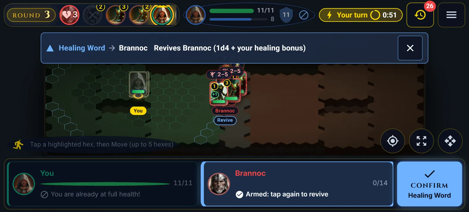 Healing Word aimed at a downed ally on a phone: the strip reads Revives Brannoc, the dock shows a card for each party member, the ally card reads Armed: tap again to revive, and the big button reads Confirm Healing Word