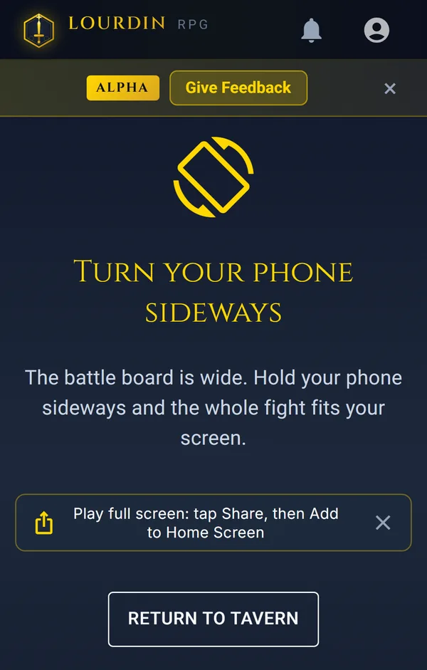 A phone held upright during a battle: the screen asks you to turn your phone sideways and offers to add Lourdin RPG to the home screen