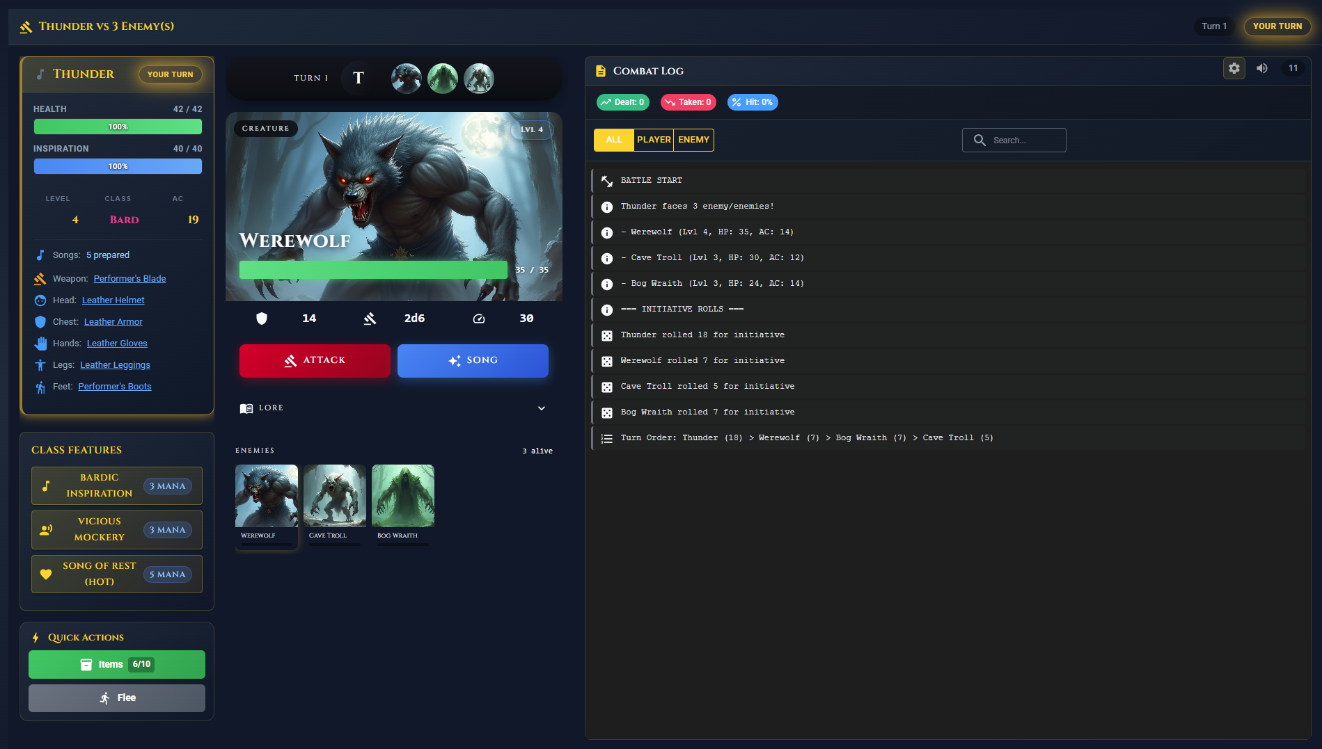 Lourdin RPG Tactical Combat Interface showing initiative order and dice rolls